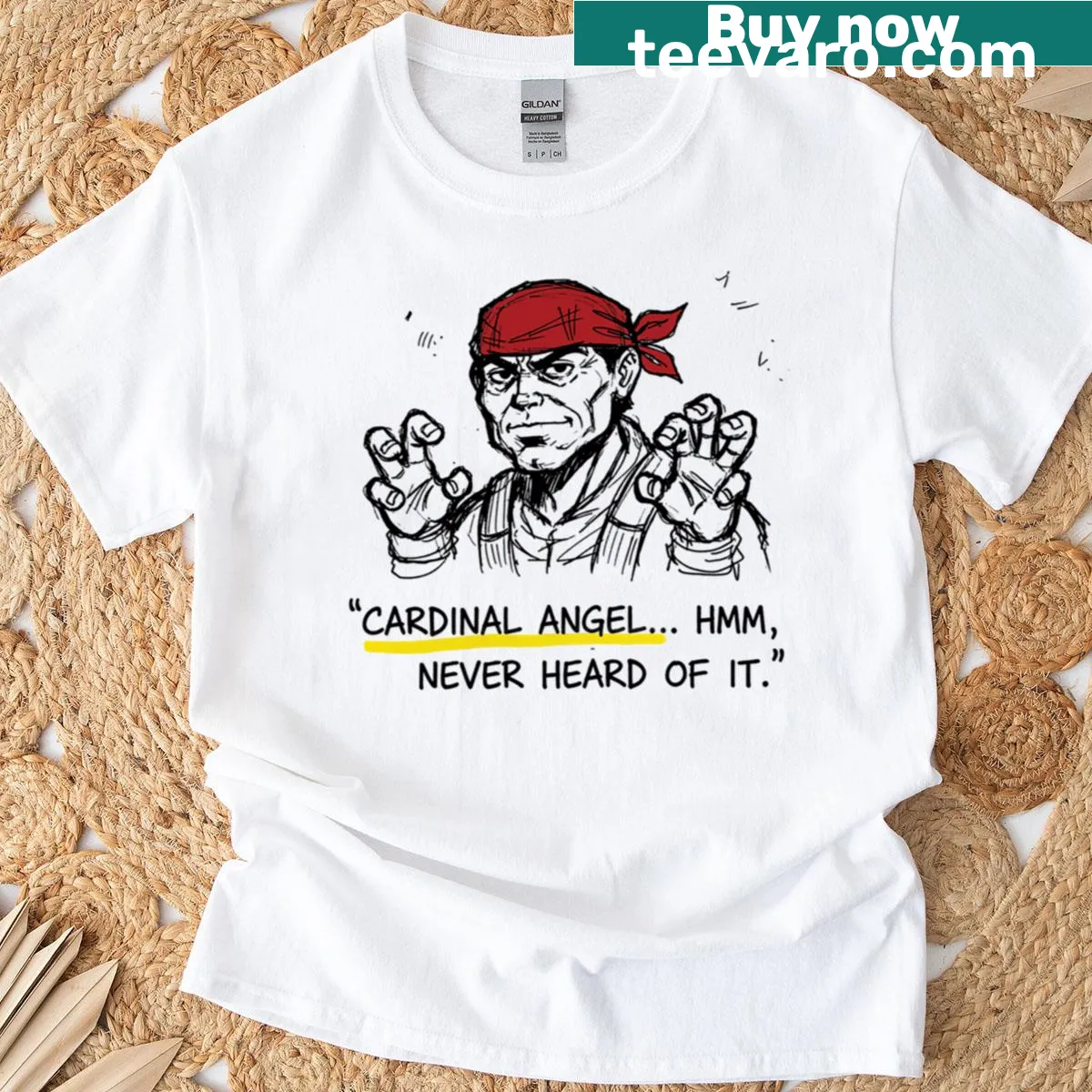 Oversized T-shirt with the phrase 'Hmm Never Heard Of It' featuring a cardinal angel theme — on a men's t-shirt