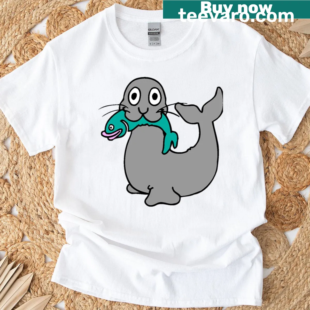 Cartoon seal graphic on an oversized T-shirt — on a men's t-shirt