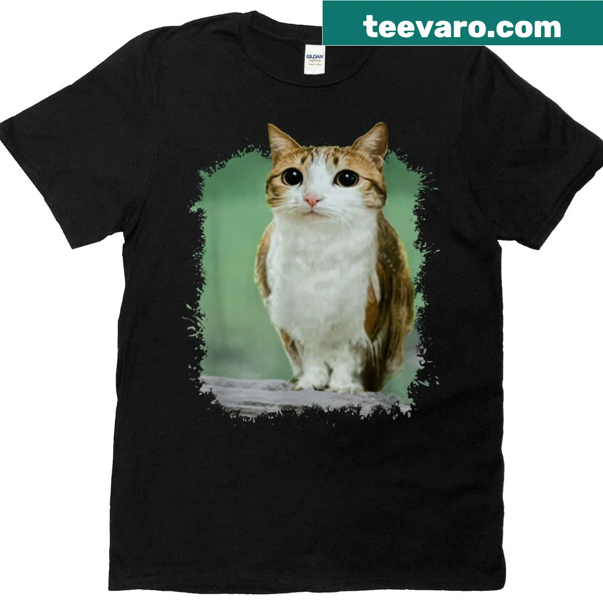 Funny T-shirt featuring a cat-owl hybrid in a meme style — on a men's t-shirt