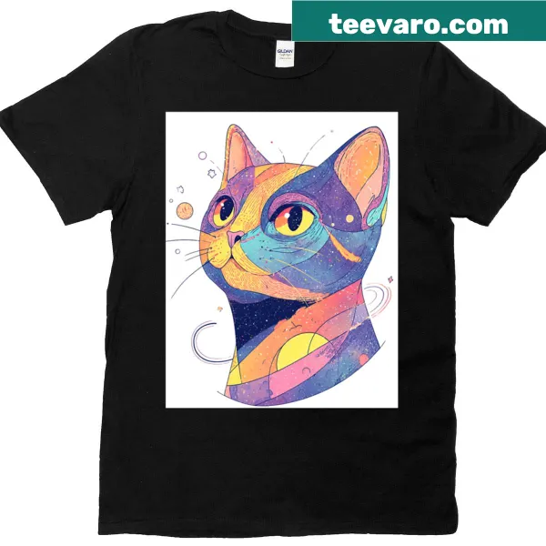 Illustrative t-shirt of a celestial cat with stars and galaxies