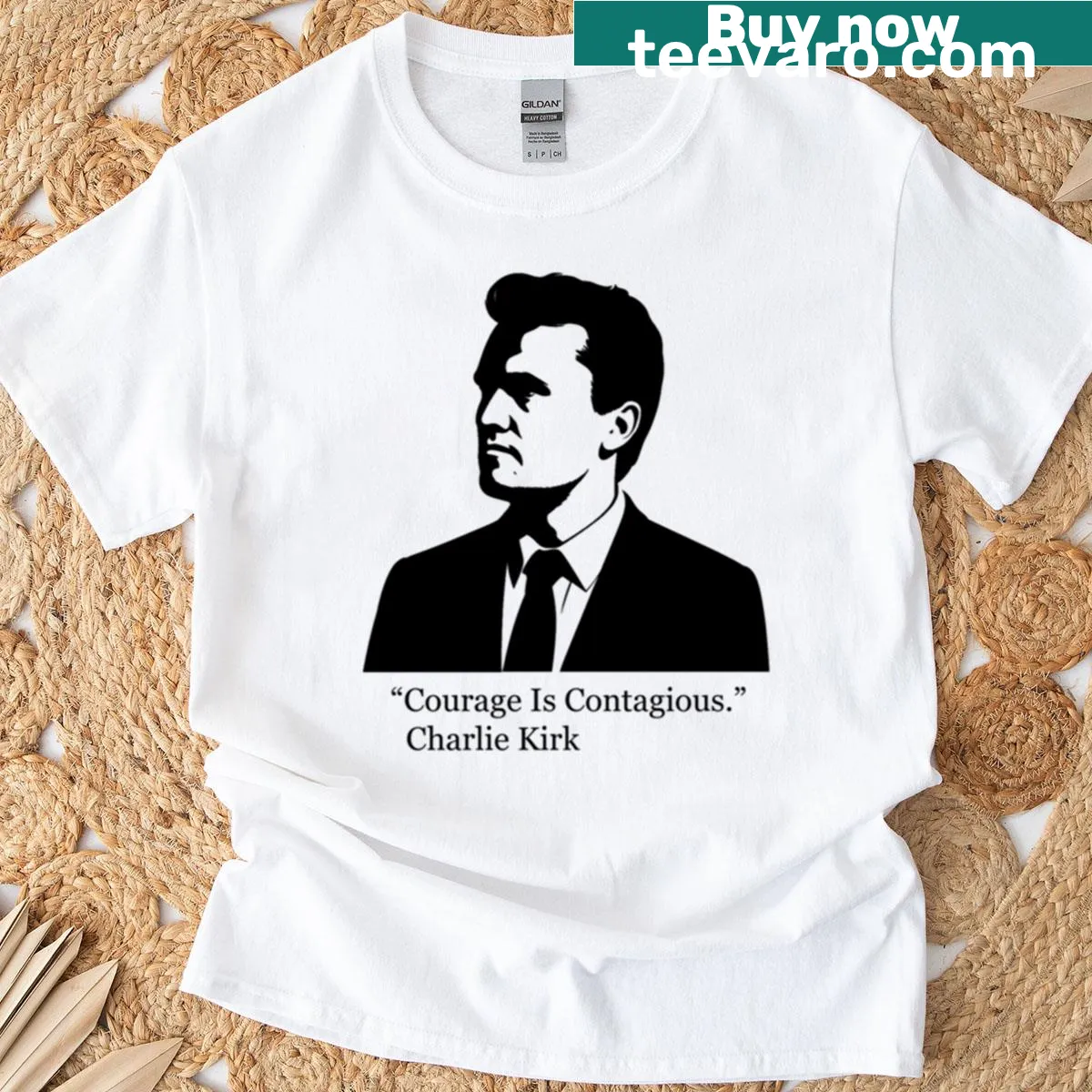 Oversized t-shirt featuring the phrase 'Courage Is Contagious' — on a men's t-shirt