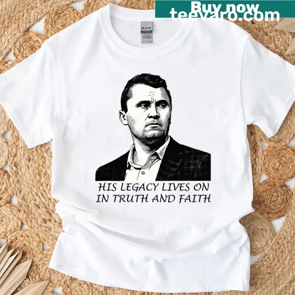 Black and white portrait illustration of Charlie Kirk on a t-shirt
