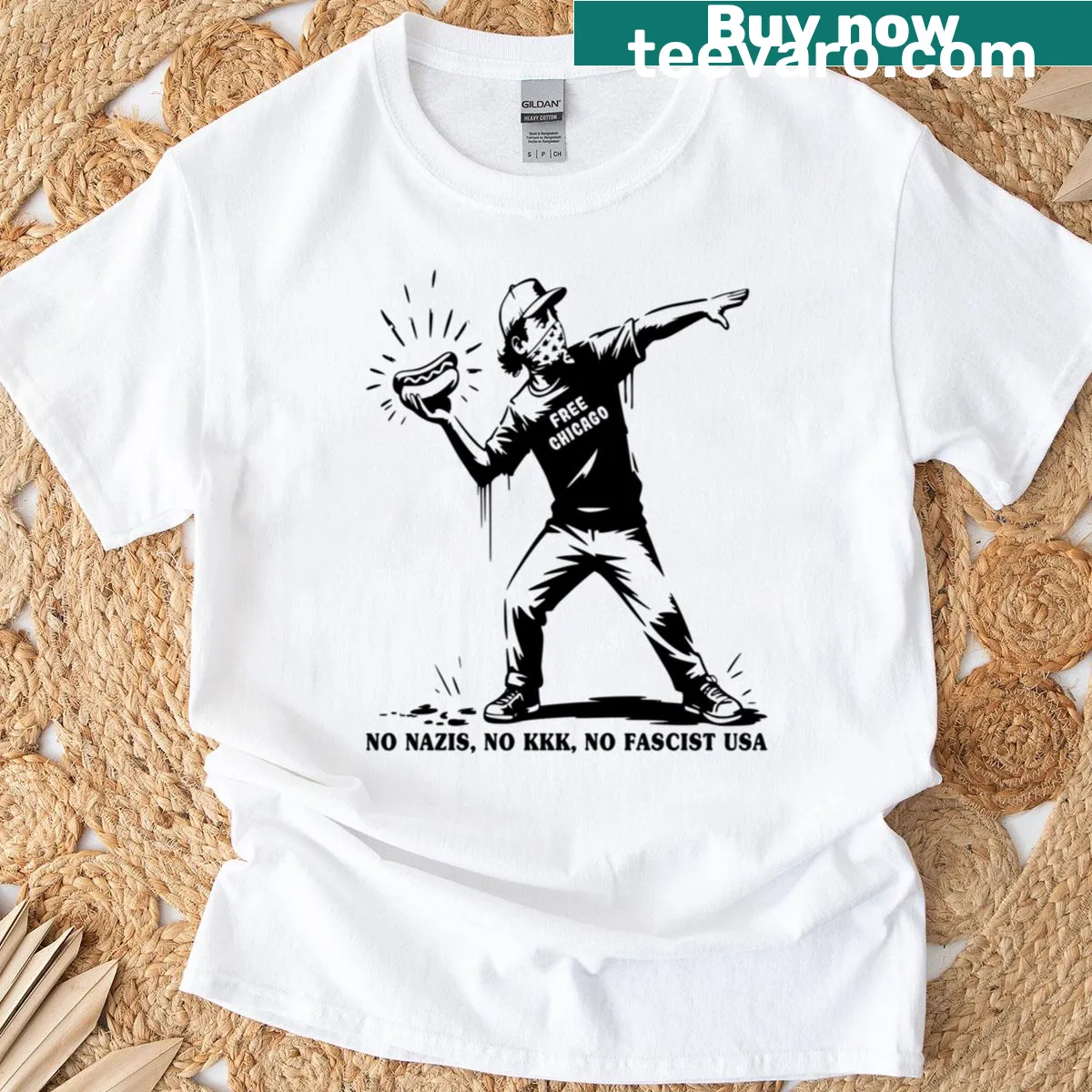 Graffiti art T-shirt of a hot dog being thrown — on a men's t-shirt