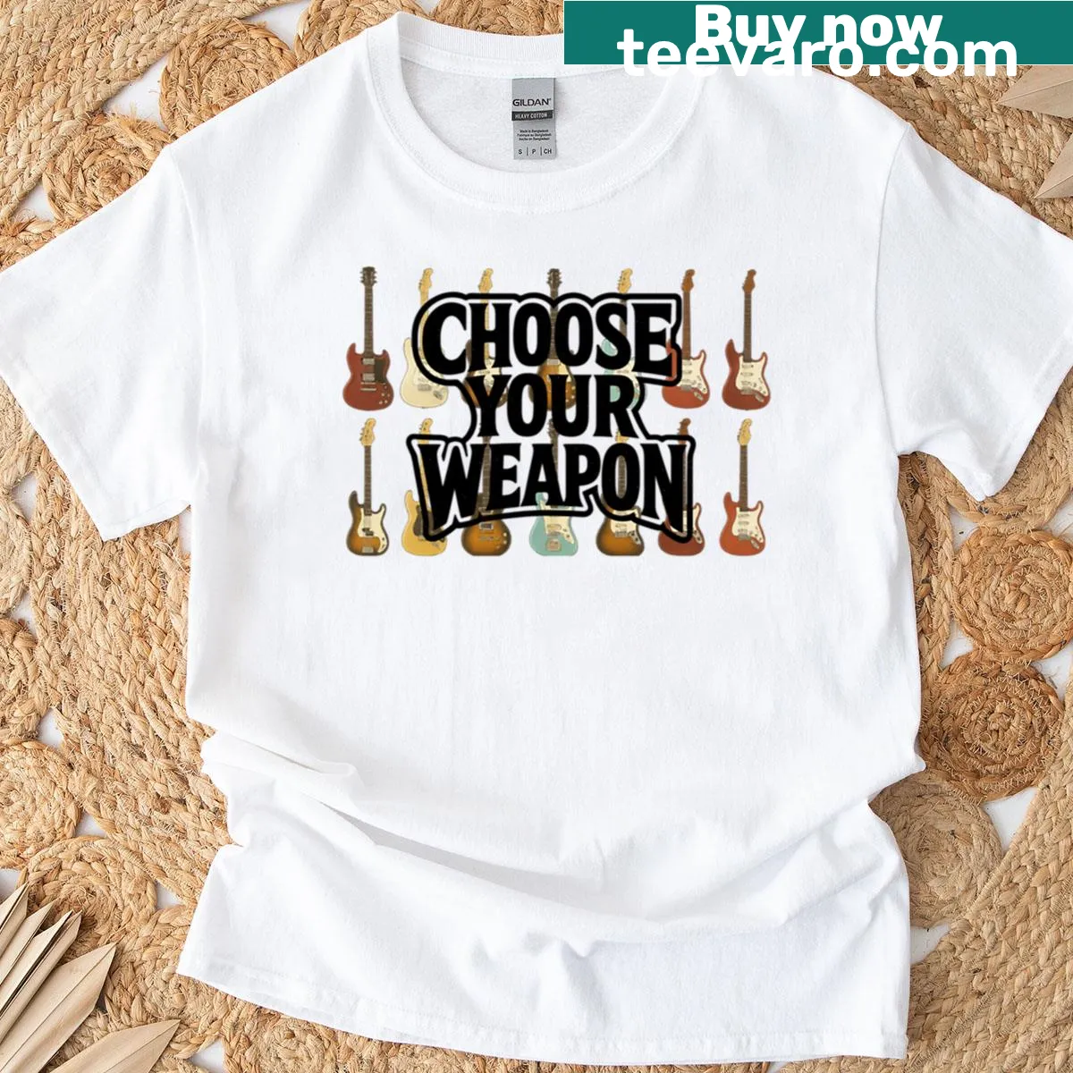 T-shirt with guitar weapon design for rock music fans — on a men's t-shirt