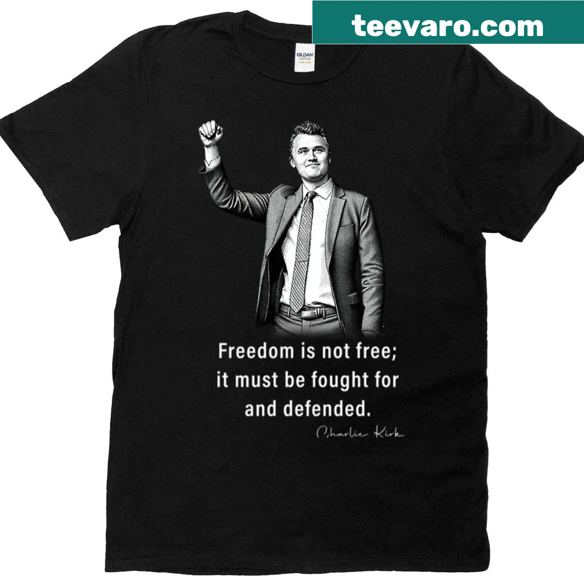 T-shirt featuring humorous political commentary text — on a men's t-shirt