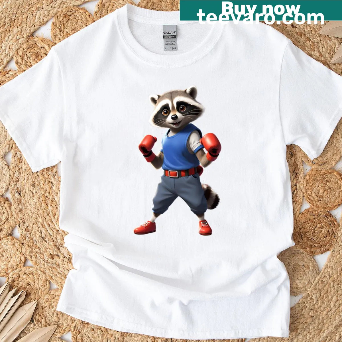 Cartoon boxing raccoon t-shirt with playful illustration — on a men's t-shirt