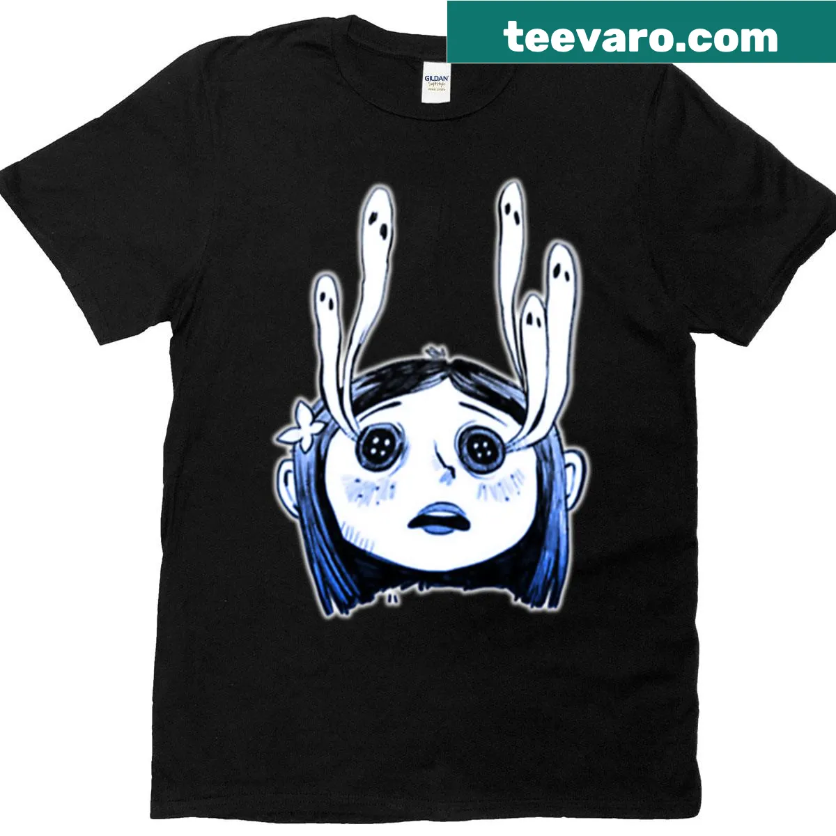 Eerie Coraline themed graphic on T-shirt — on a men's t-shirt