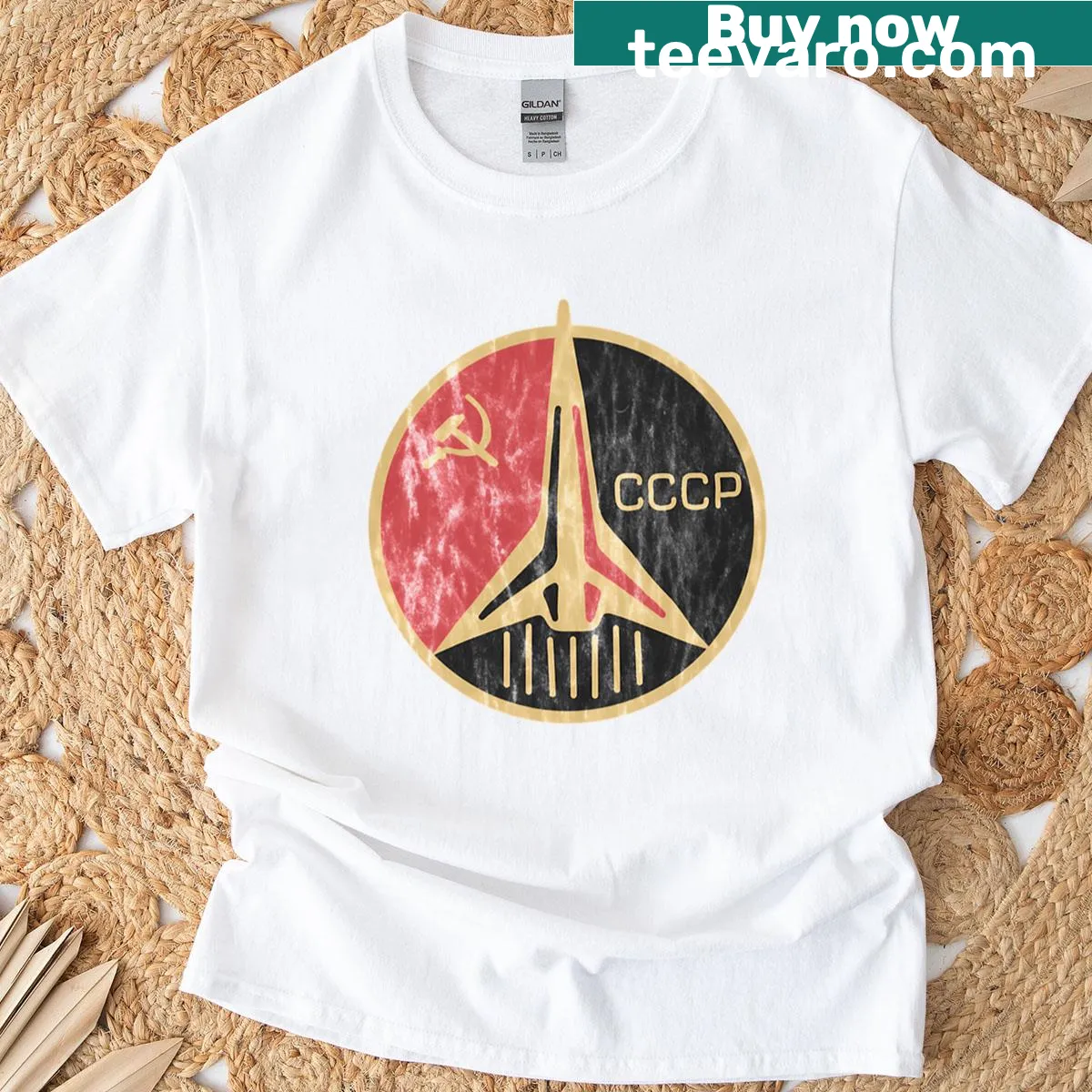 Badge emblem design of a cosmonaut mission on t-shirt — on a men's t-shirt