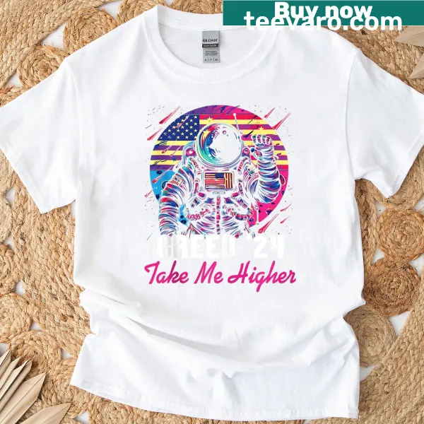 Astronaut-themed t-shirt with 'Take Me Higher' text