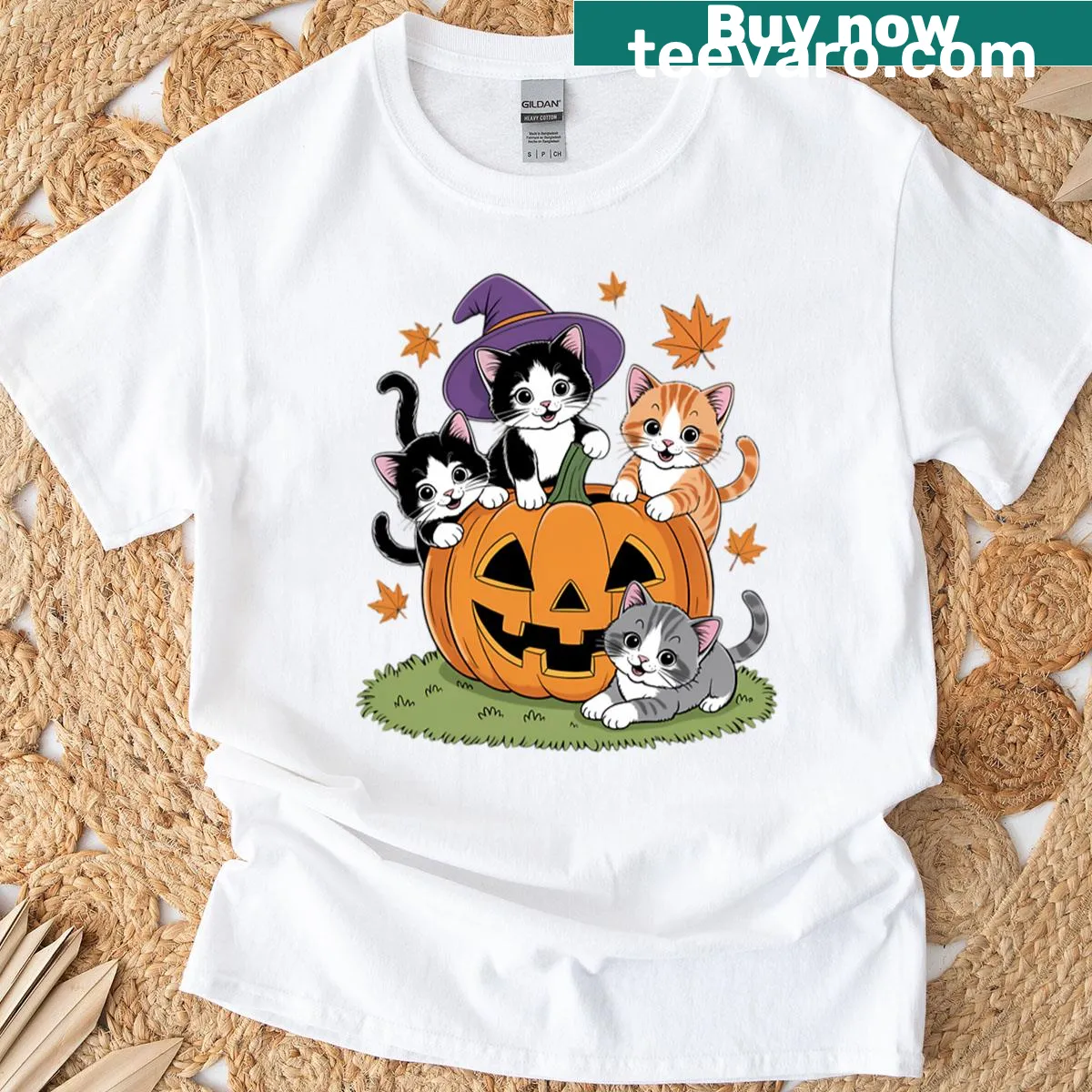 Cute illustration of a cat inside a pumpkin for Halloween — on a men's t-shirt