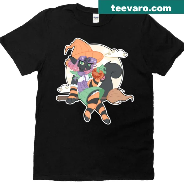 Cartoon cat wearing a witch hat surrounded by stars