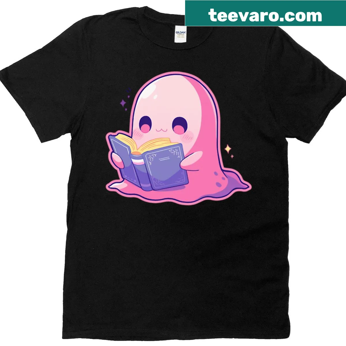 Cute ghost design reading a book, perfect for kids and book lovers. — on a men's t-shirt