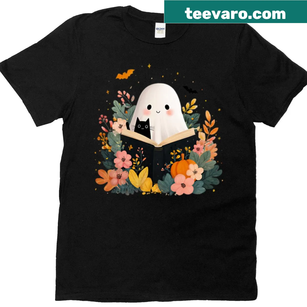 Cartoon ghost reading a book to a cat on a t-shirt — on a men's t-shirt