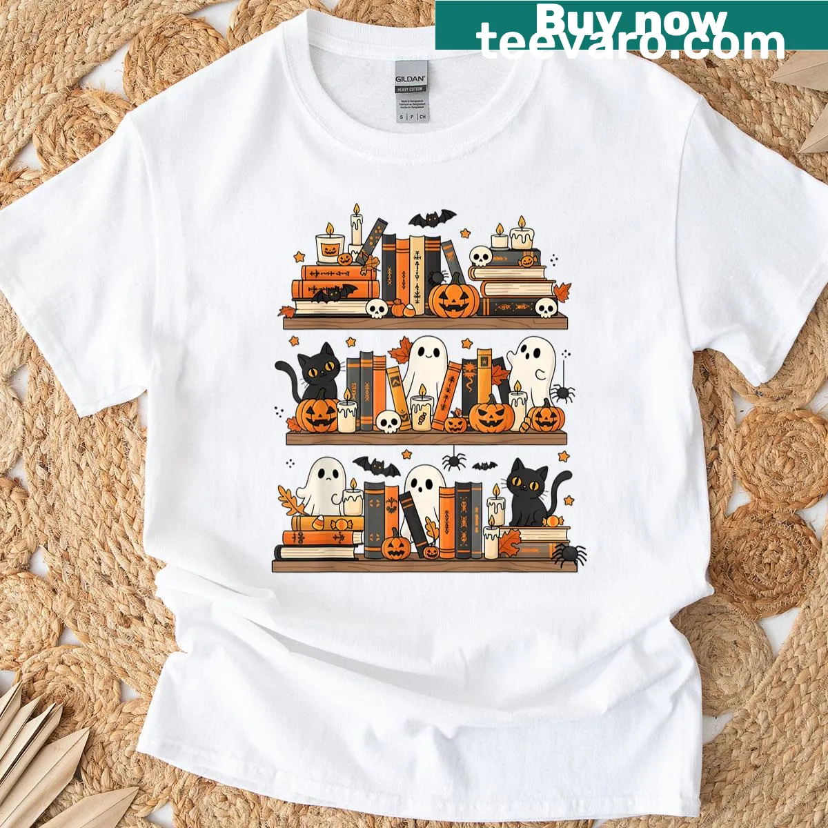 Cute ghost reading a book for kids' Halloween T-shirt — on a men's t-shirt