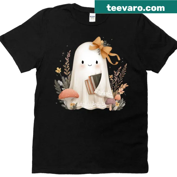 Cute ghost t-shirt illustration with a stack of books