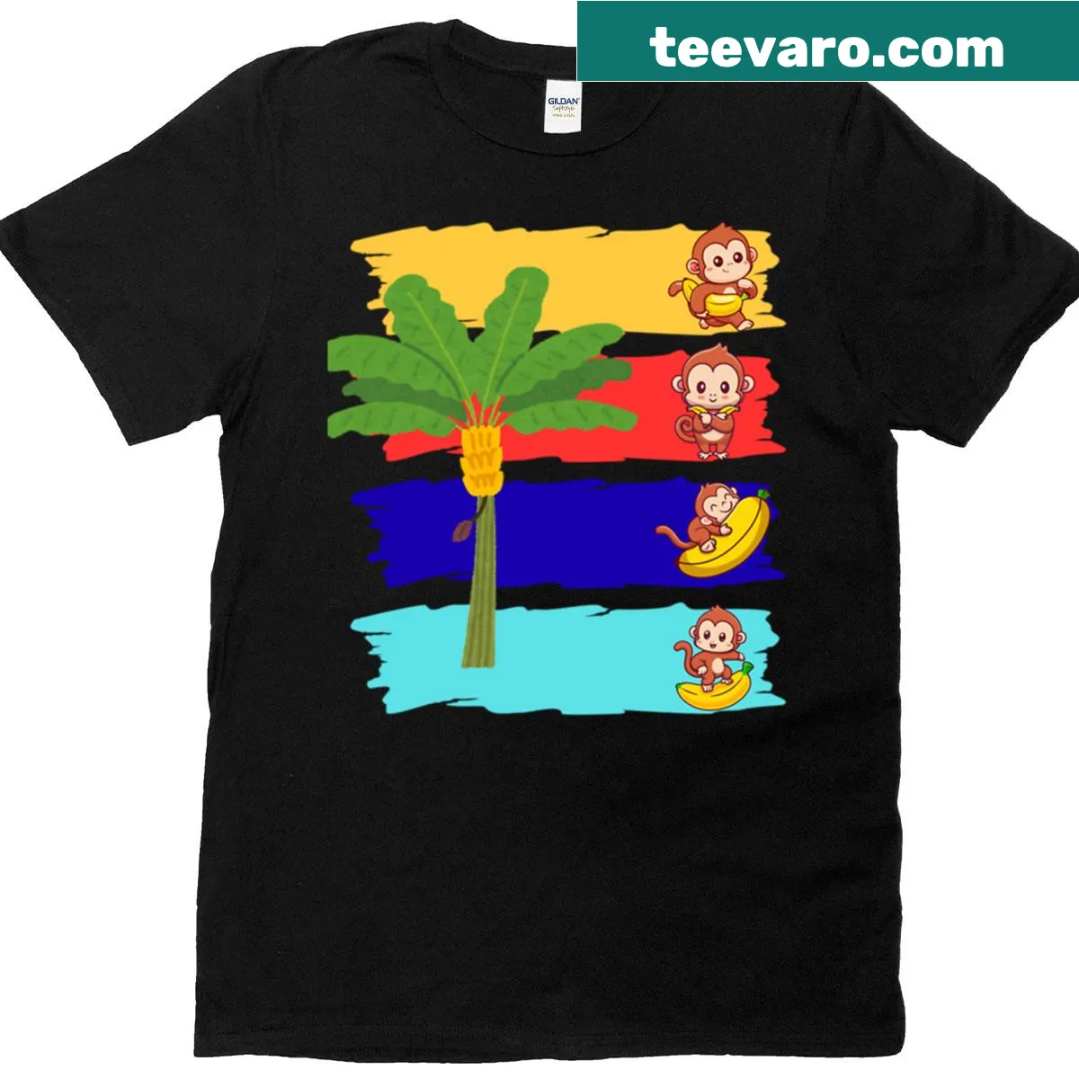 Cartoon monkey swinging in banana trees t-shirt — on a men's t-shirt