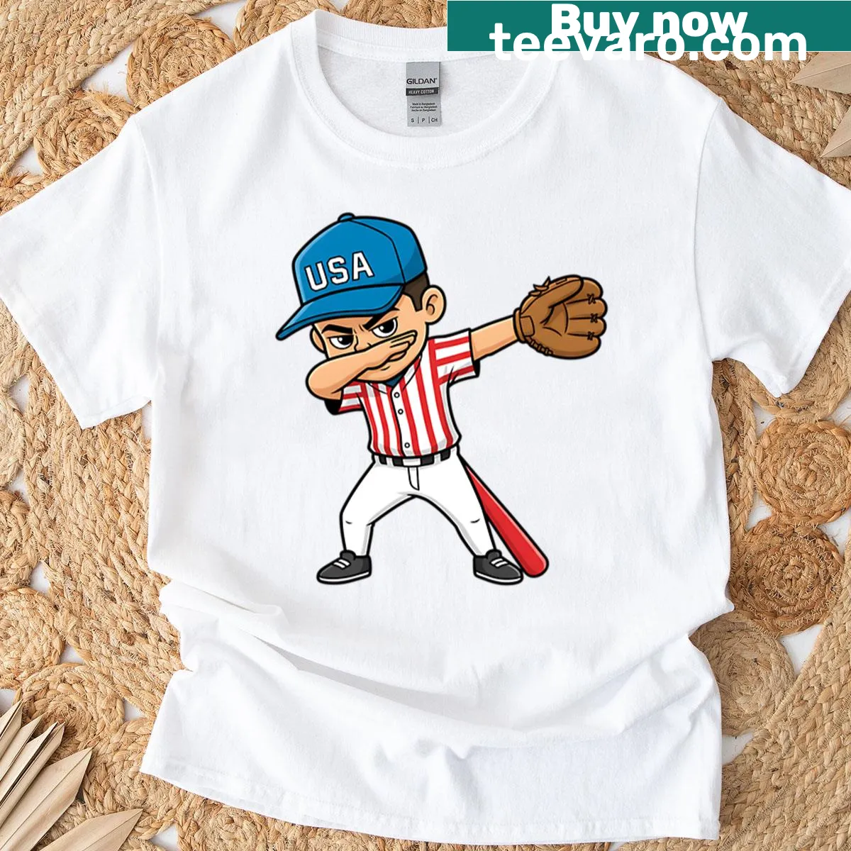 Cartoon dabbing baseball player t-shirt with American flag — on a men's t-shirt
