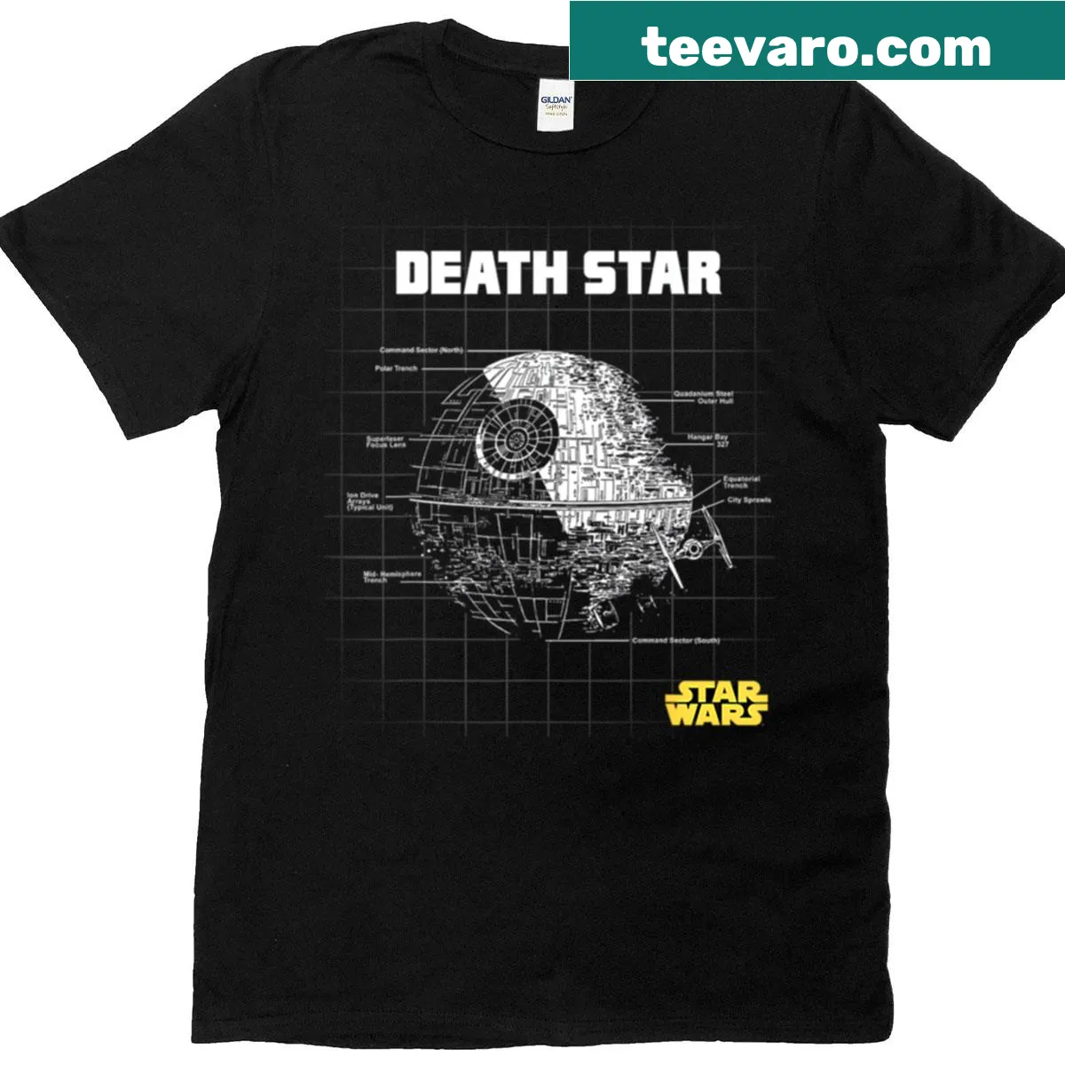 T-shirt featuring detailed schematics of the Death Star. — on a men's t-shirt