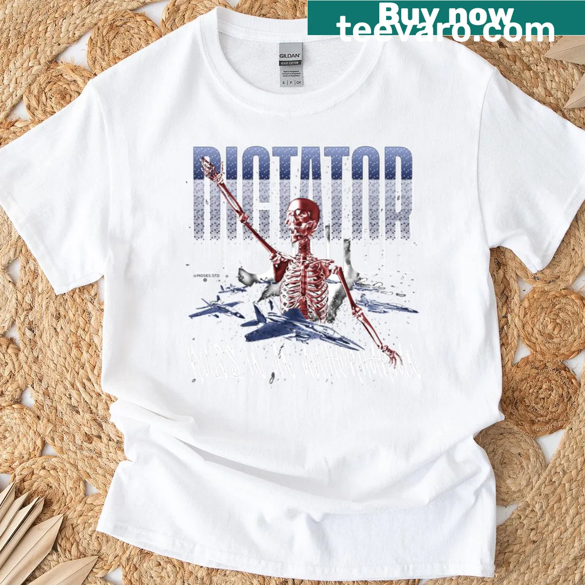 Red skeleton in a fighter jet illustrating authoritarian themes — on a men's t-shirt