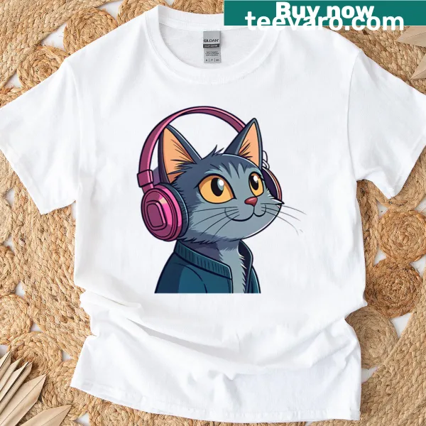 Whimsical DJ cat graphic wearing headphones on a t-shirt