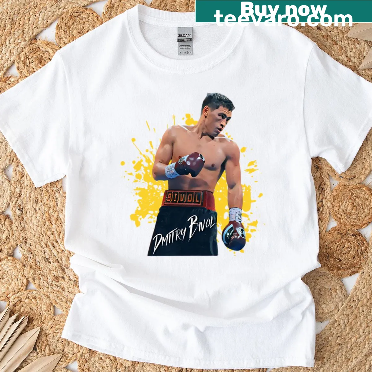 Illustration of Dmitry Bivol on a T-shirt for boxing fans — on a men's t-shirt