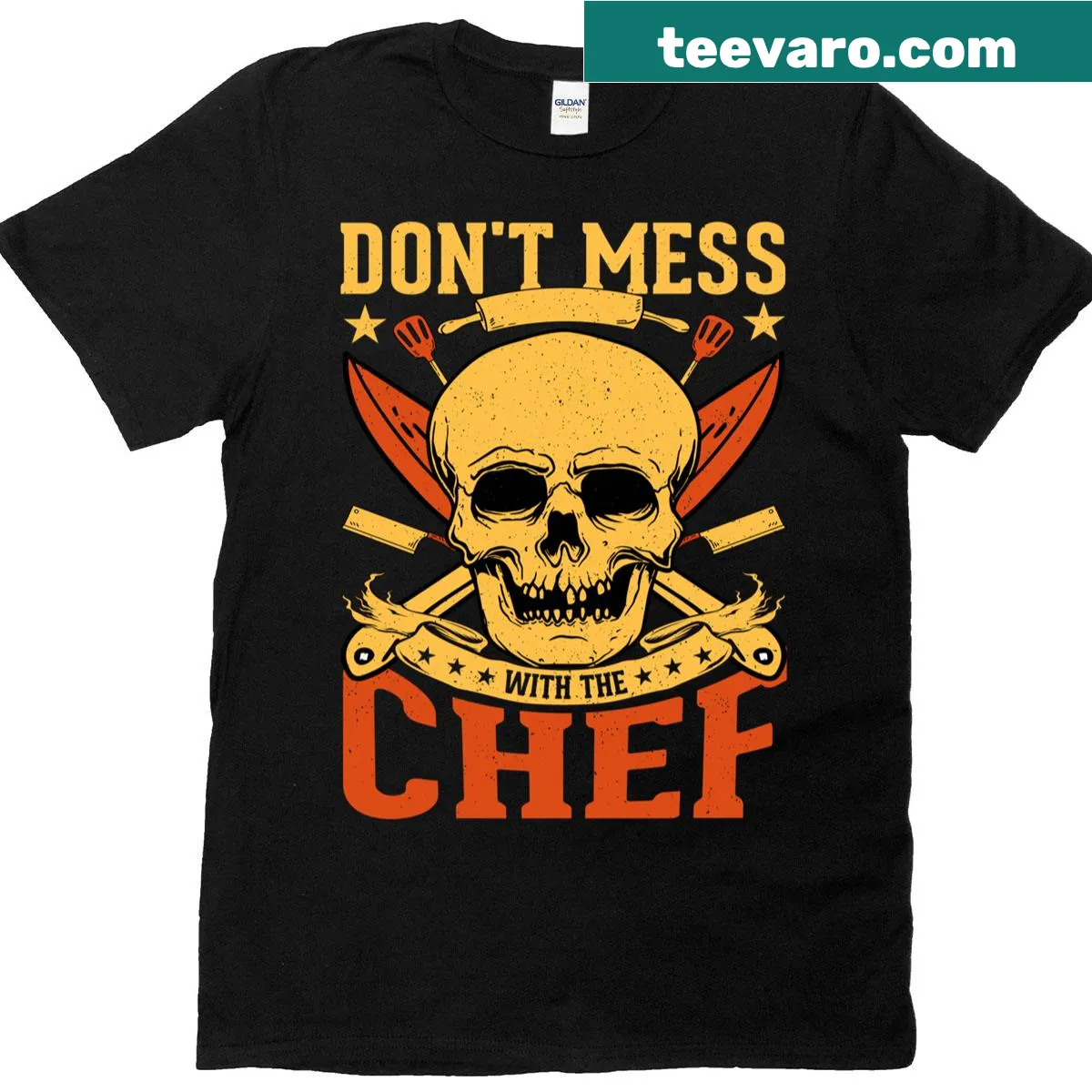 Skull design T-shirt with 'Don't Mess With The Chef' graphic. — on a men's t-shirt
