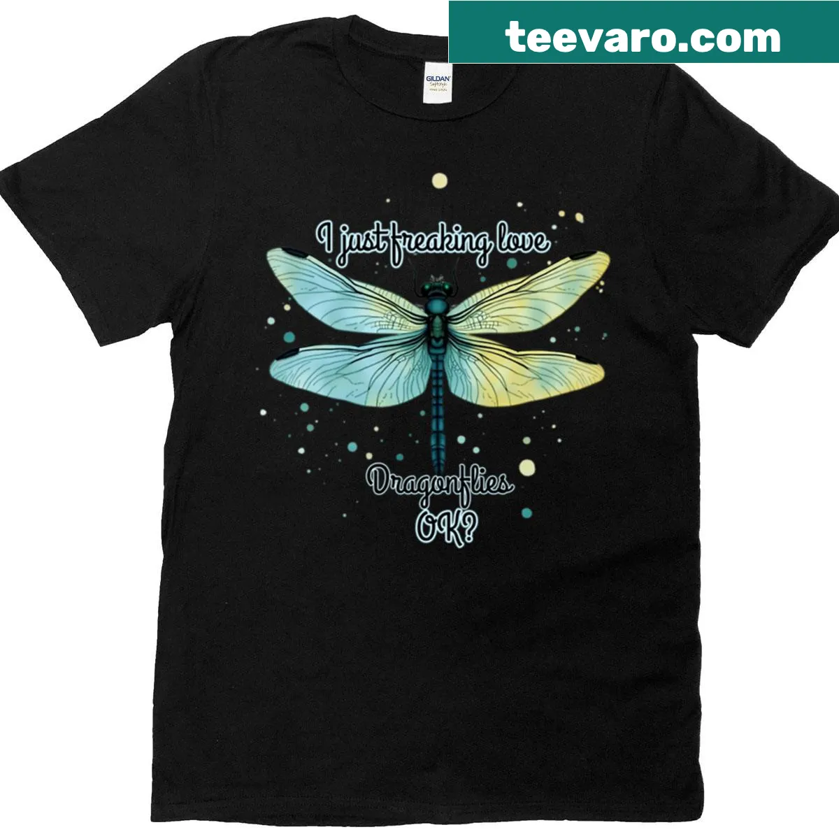 Illustration of a dreamy dragonfly inspired by ocean skies. — on a men's t-shirt