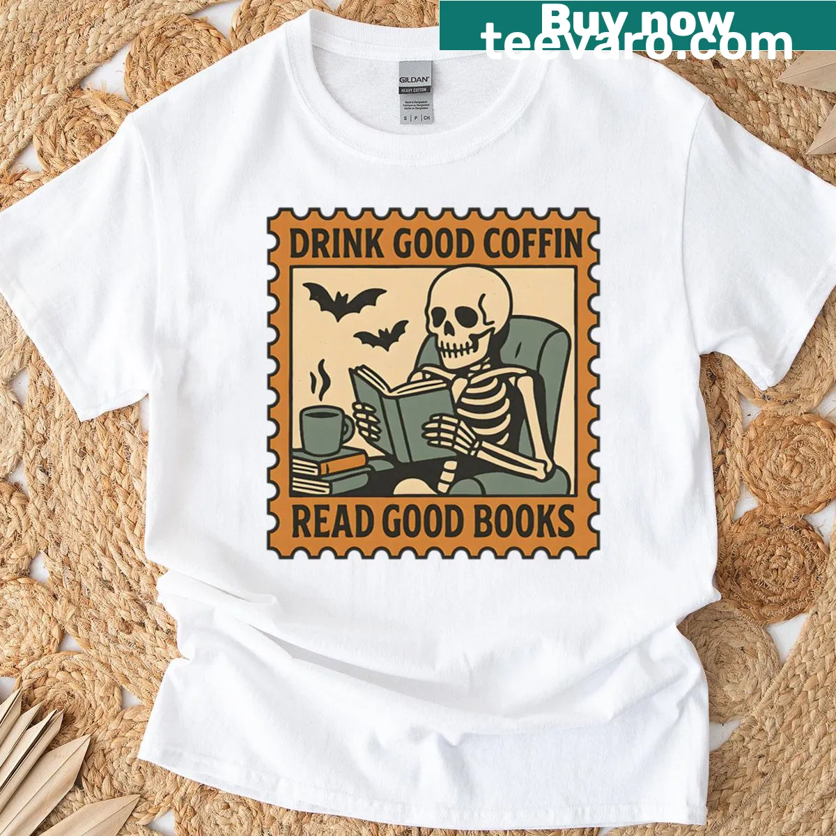 Skeleton holding coffee with humorous text about reading — on a men's t-shirt