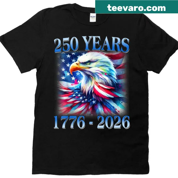 Patriotic t-shirt featuring an eagle and flag, commemorating 250 years