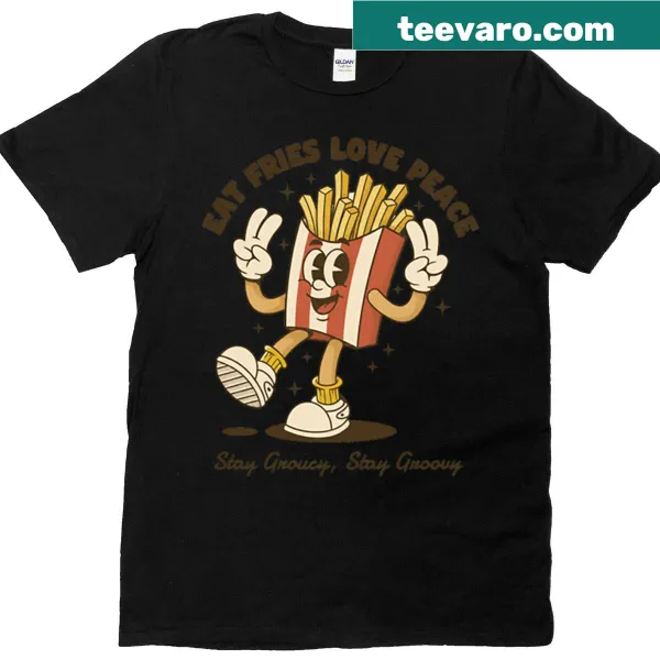 Playful cartoon t-shirt with french fries and peace-themed text