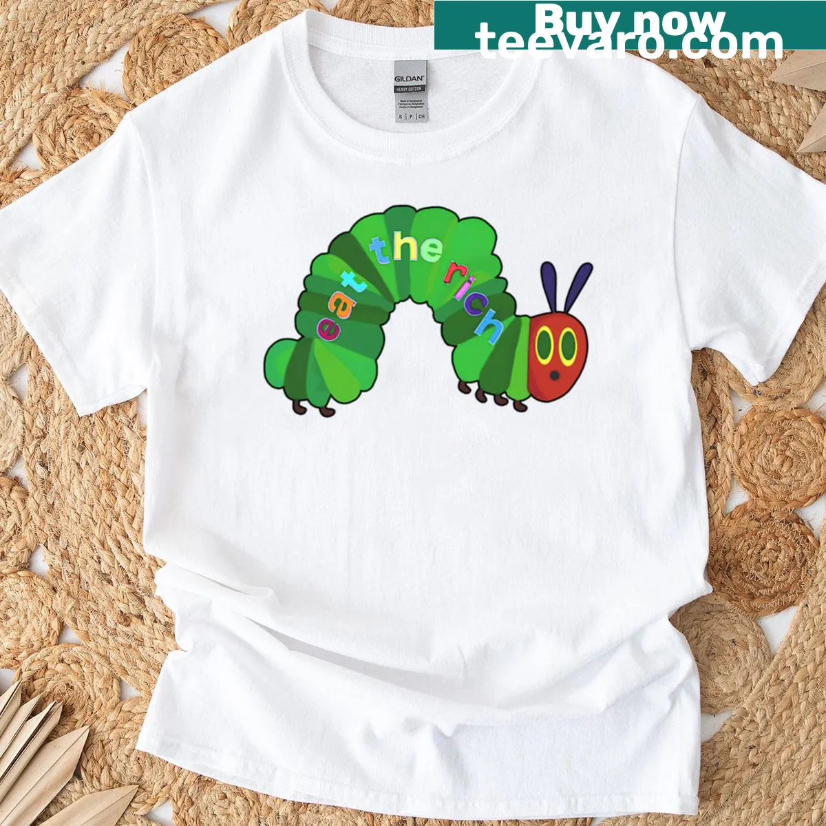 Oversized cartoon T-shirt parodying the Hungry Caterpillar with political satire. — on a men's t-shirt