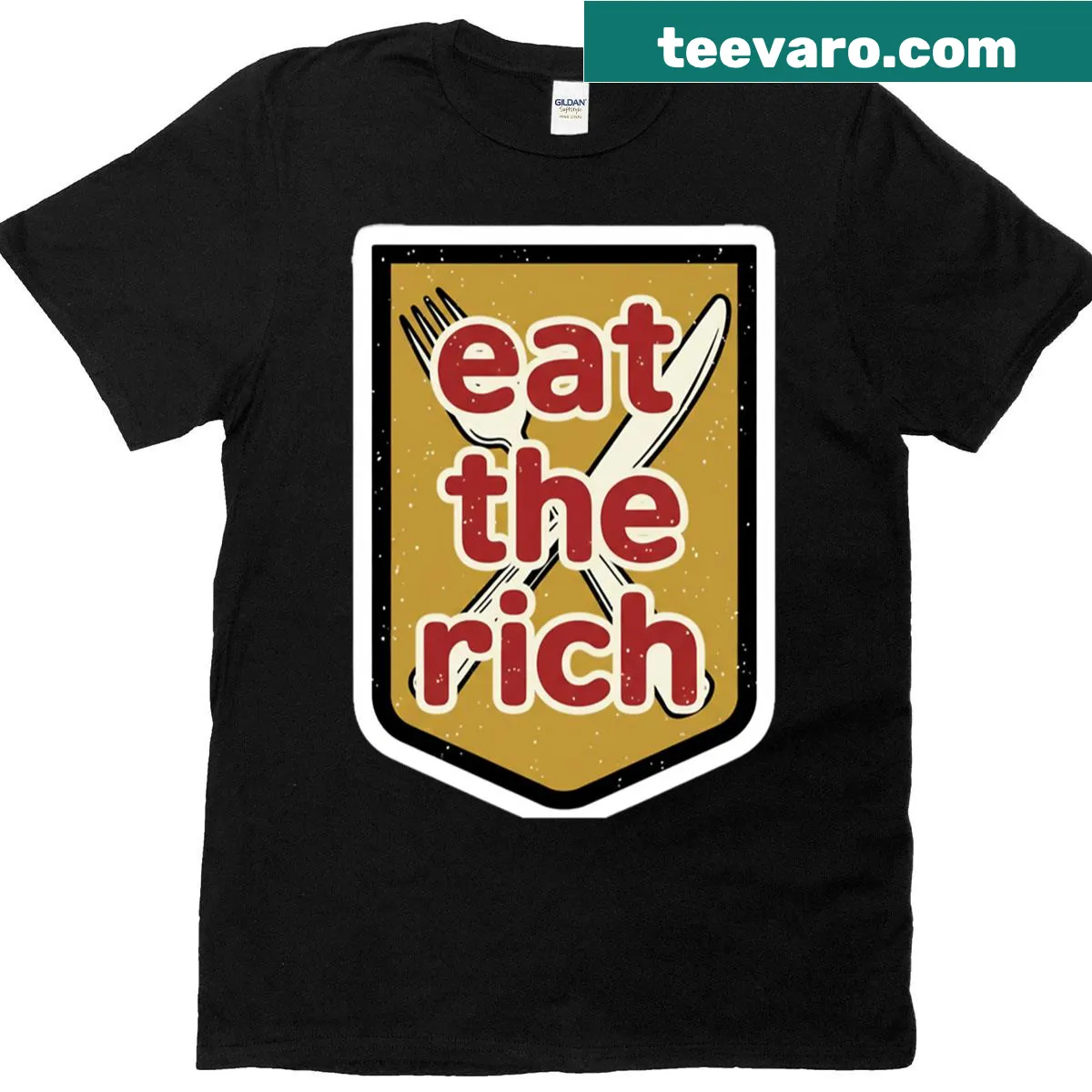 Retro shield graphic of fork and knife on oversized shirt — on a men's t-shirt