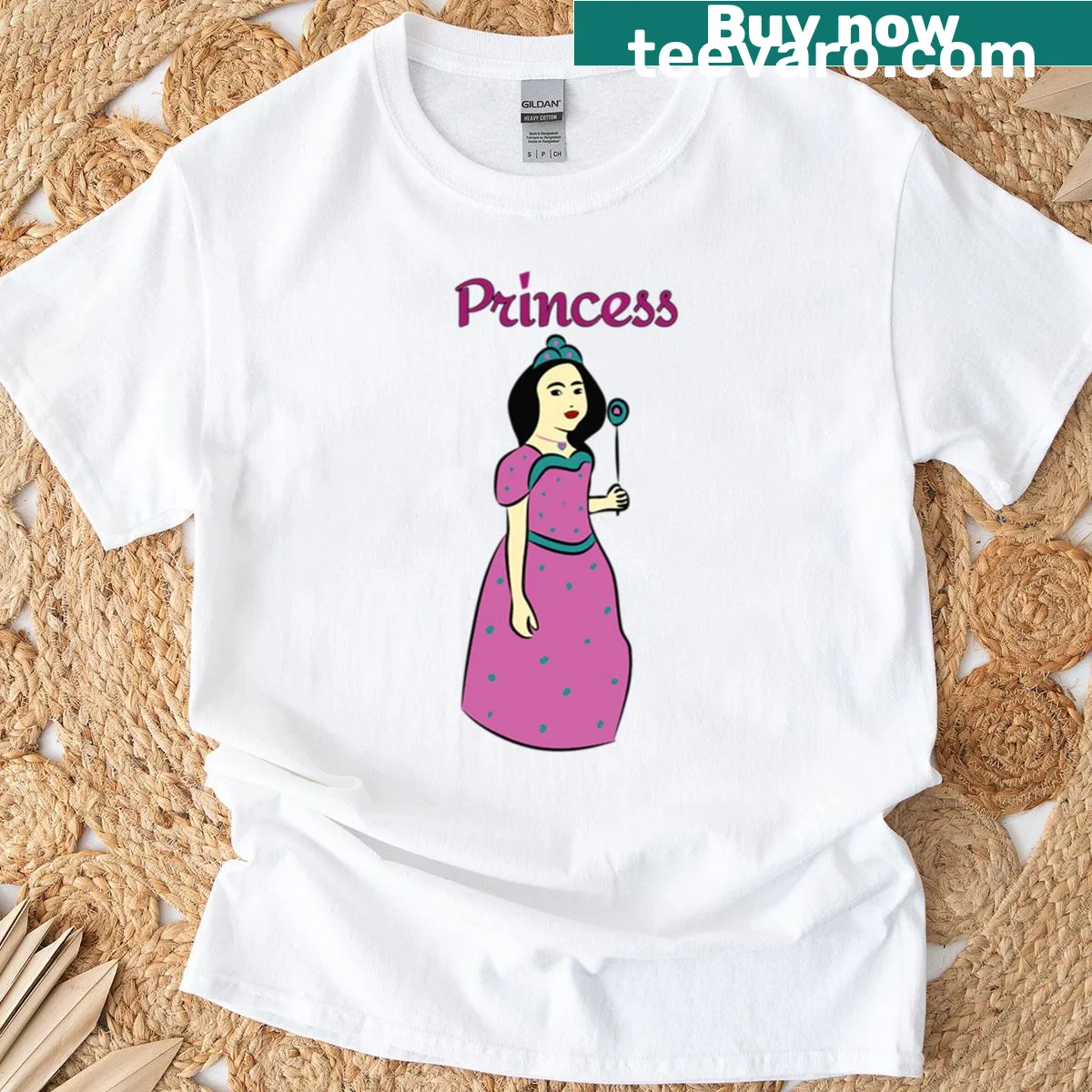Cartoon princess in pink gown illustrating a whimsical fairy tale. — on a men's t-shirt