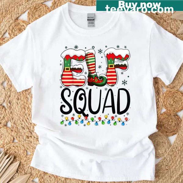 Funny Christmas T-shirt for families featuring 'Elf Squad' text.