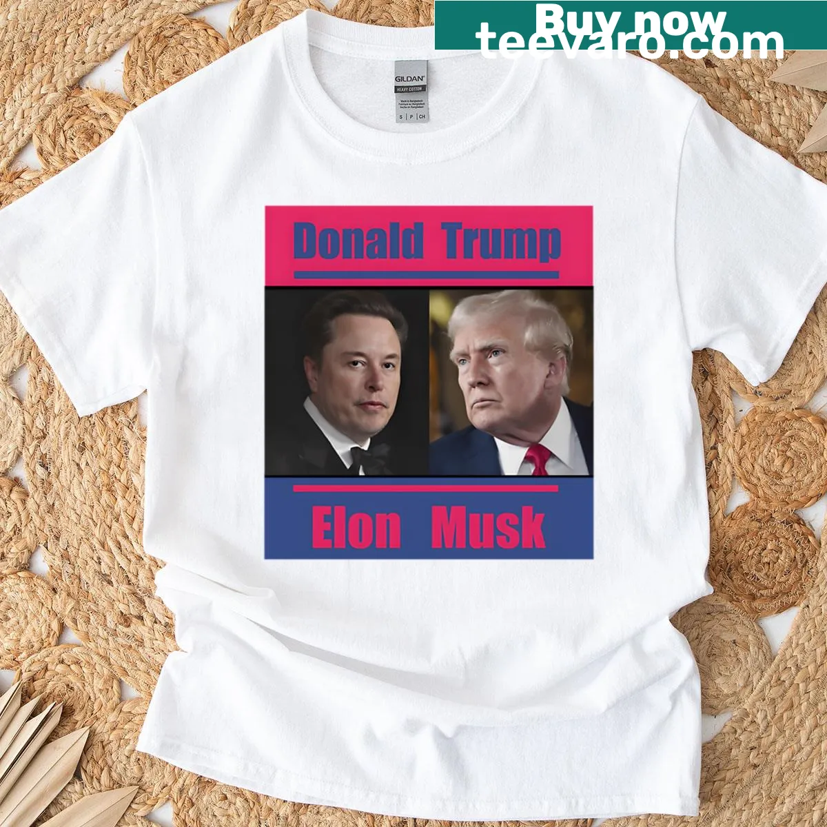 Cartoon caricatures of Elon Musk and Donald Trump on T-shirt — on a men's t-shirt