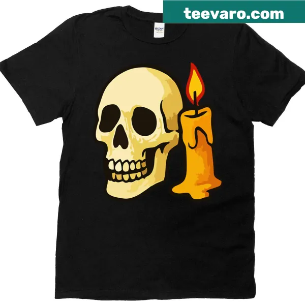 Skull engulfed in flames graphic on a horror-themed t-shirt
