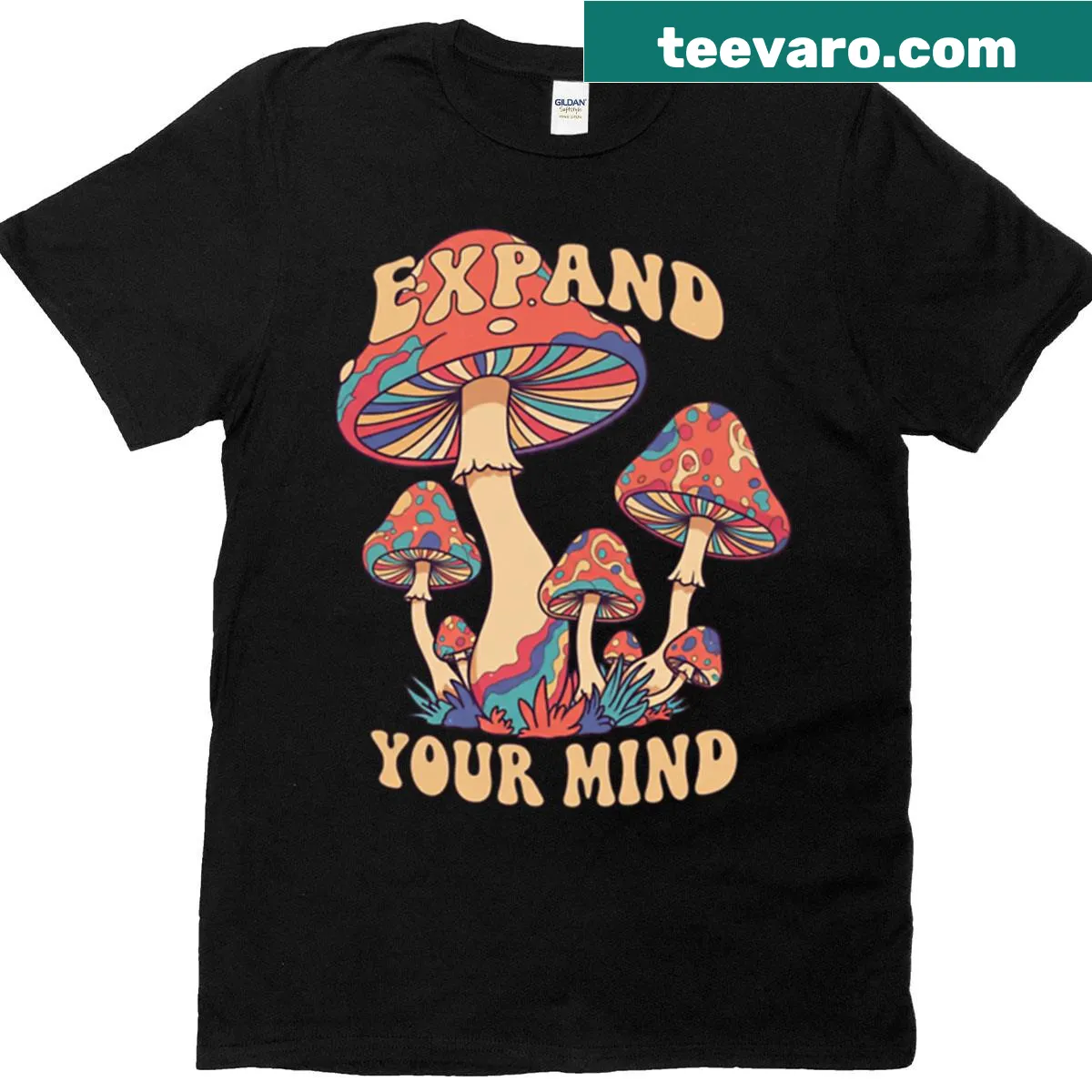 Illustrative t-shirt featuring a psychedelic mushroom design encouraging creativity. — on a men's t-shirt