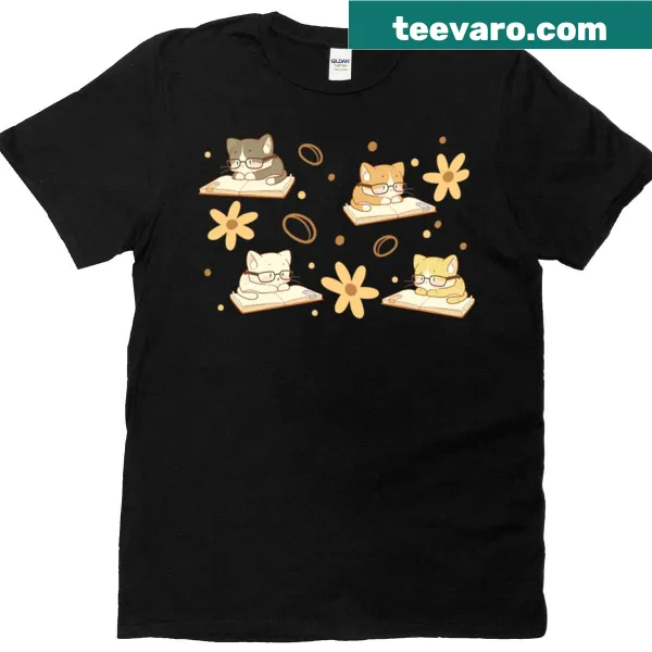 Illustration of kitties with books and flowers on the Flowers Pages Paws t-shirt.