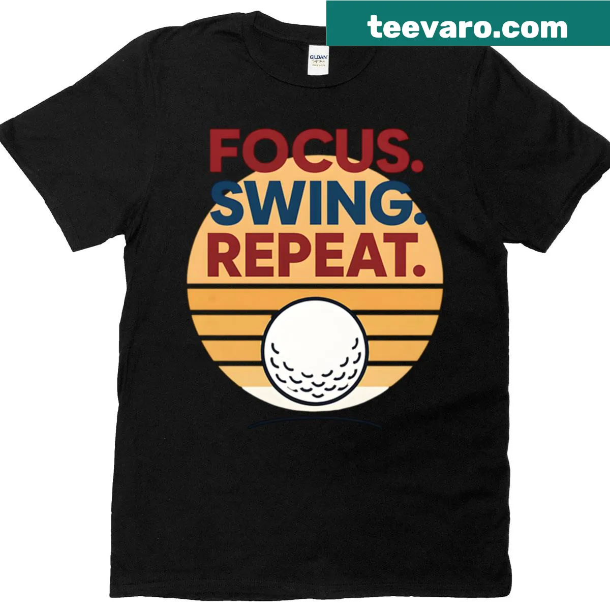 Motivational T-shirt with the phrase 'Focus Swing Repeat' for fitness enthusiasts — on a men's t-shirt