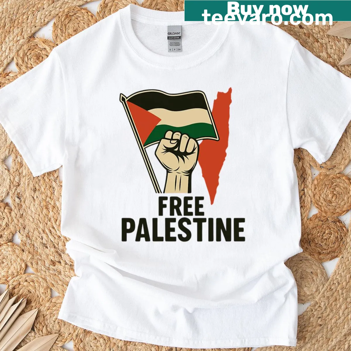 T-shirt featuring Palestinian flag and country outline — on a men's t-shirt
