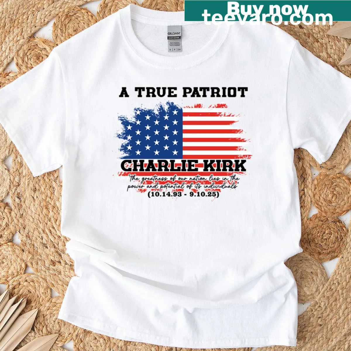 American flag and jokes graphic on an oversized T-shirt — on a men's t-shirt