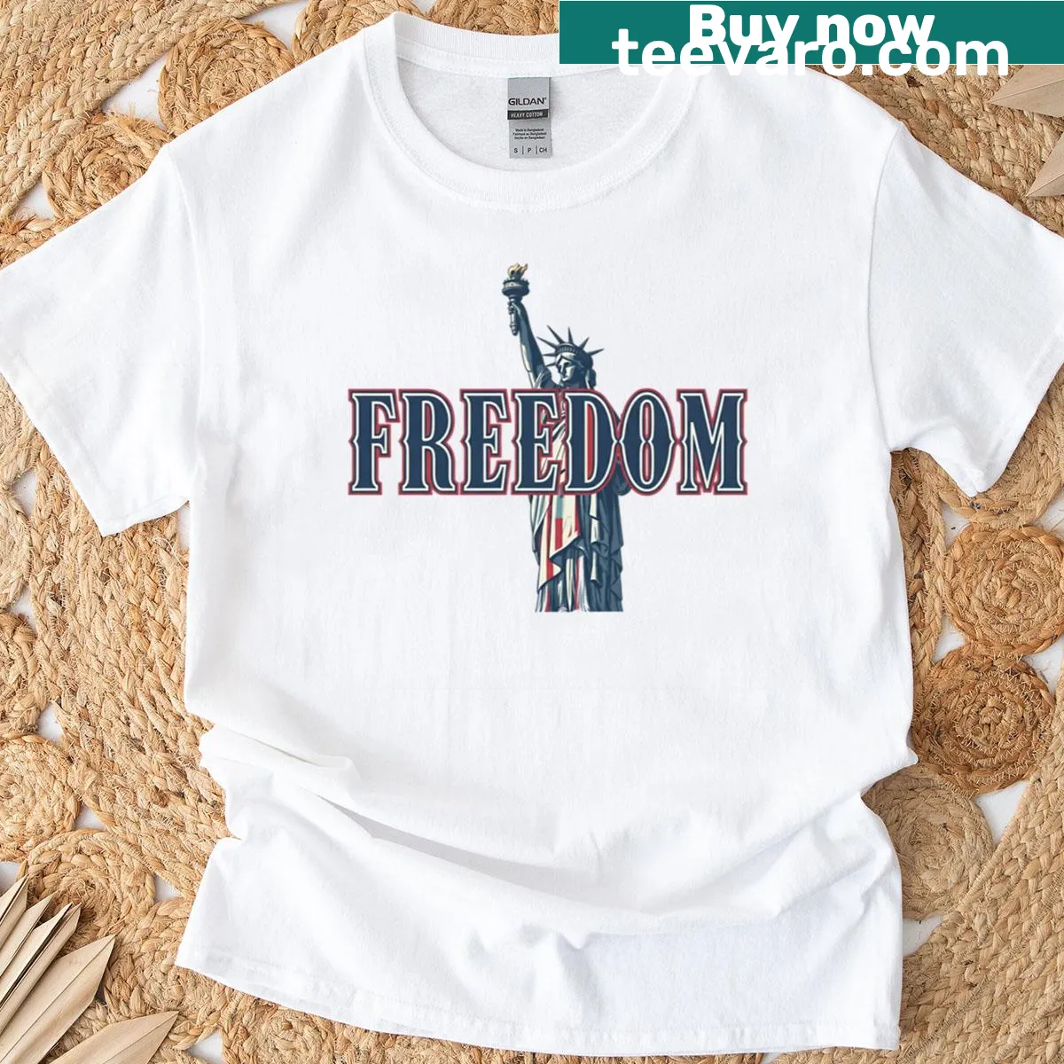Patriotic t-shirt featuring an illustration of the Statue of Liberty — on a men's t-shirt