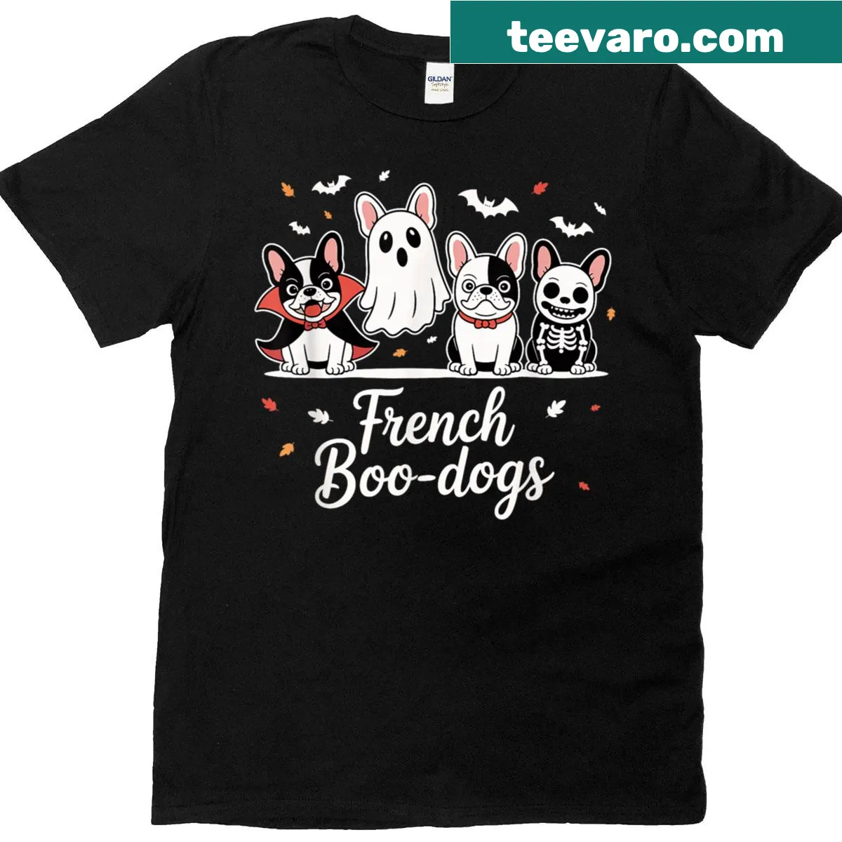 Cartoon T-shirt of a ghostly French Bulldog for Halloween — on a men's t-shirt