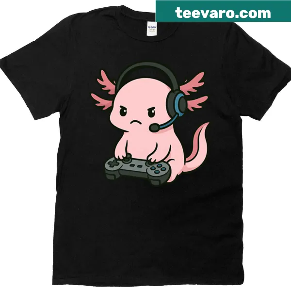 Cartoon axolotl in a gaming setting on a Funny Axolotl Videogames t-shirt.