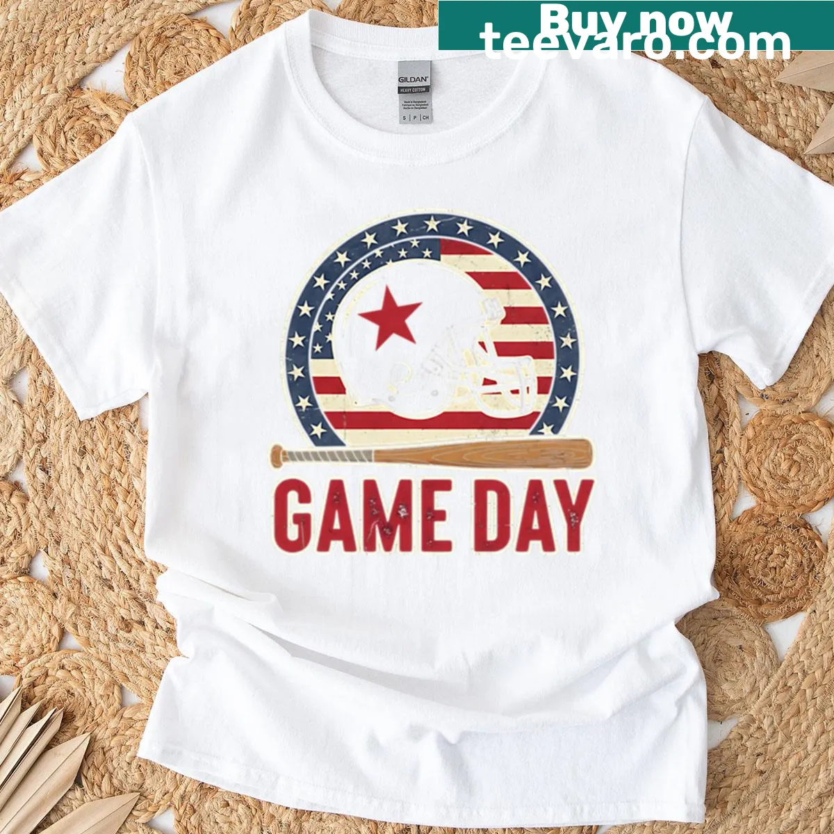 Illustrated Baseball Dad T-shirt with USA flag design — on a men's t-shirt