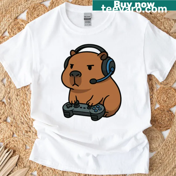 Cartoon capybara gaming t-shirt for kids, funny design