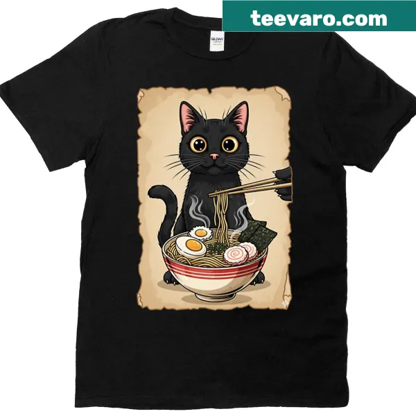 Kawaii graphic t-shirt featuring a cat enjoying ramen in a cute design.