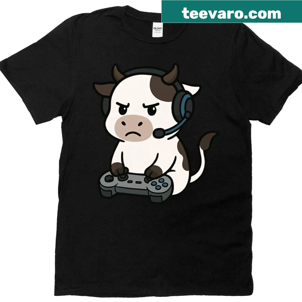 Oversized t-shirt featuring a funny cartoon cow and gaming theme — on a men's t-shirt