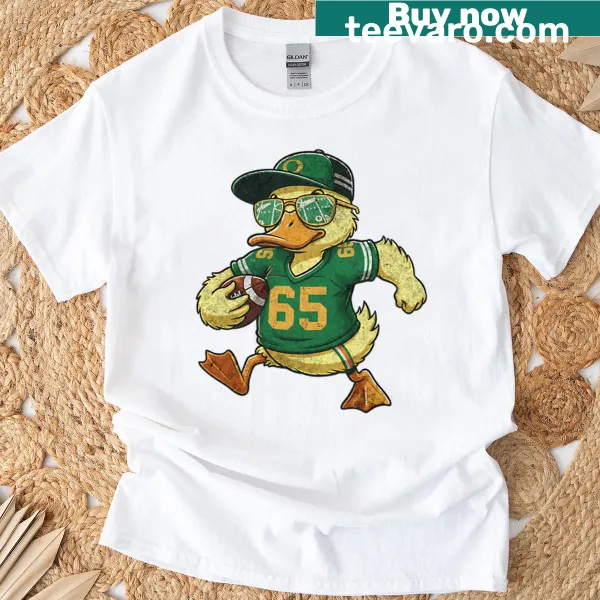 Cartoon duck in football gear on a kids' t-shirt, funny design