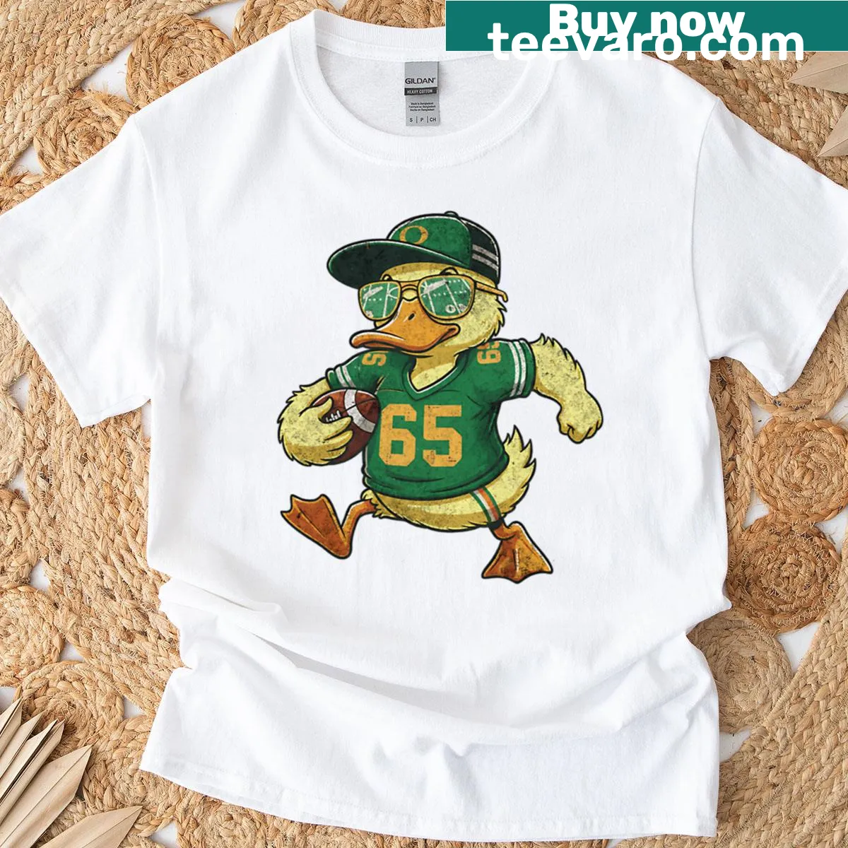 Cartoon duck in football gear on a kids' t-shirt, funny design — on a men's t-shirt